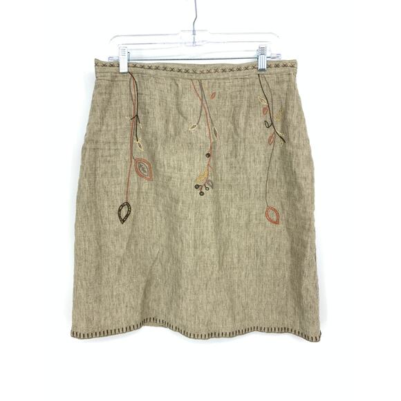 Vintage J. Jill A-Line Skirt Womens 14P Khaki Linen Embroidered Leaf Print - Picture 1 of 4